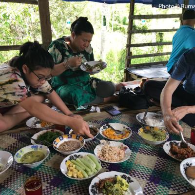 Tucking in at the dangau.
